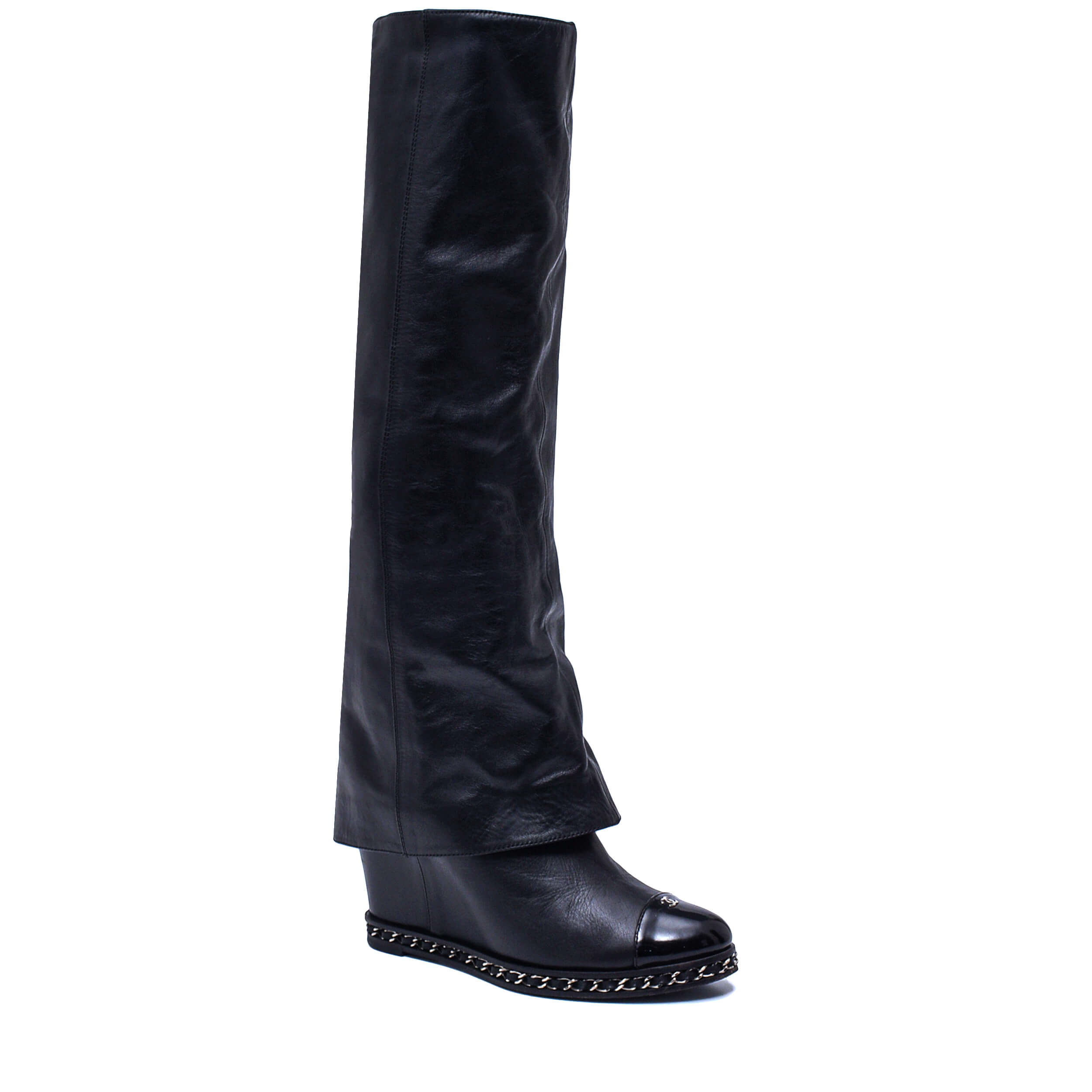 Chanel - Black Leather Chain Wedge Long Boots / 38